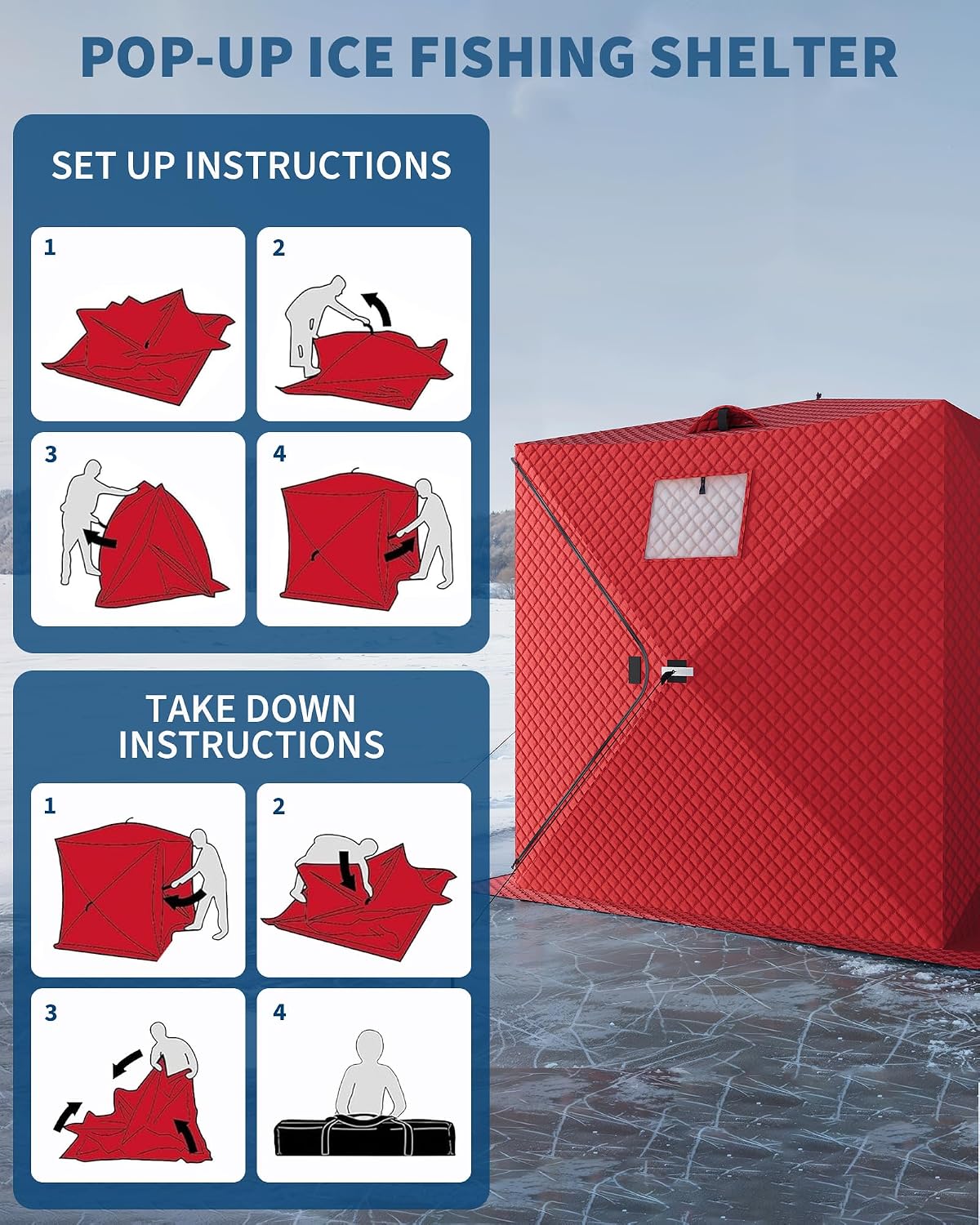 Pop-Up Ice Fishing Tent, 2 Person Portable Hub-Style Insulated Ice Fishing Shelter with Carrying Bag, Zippered Door