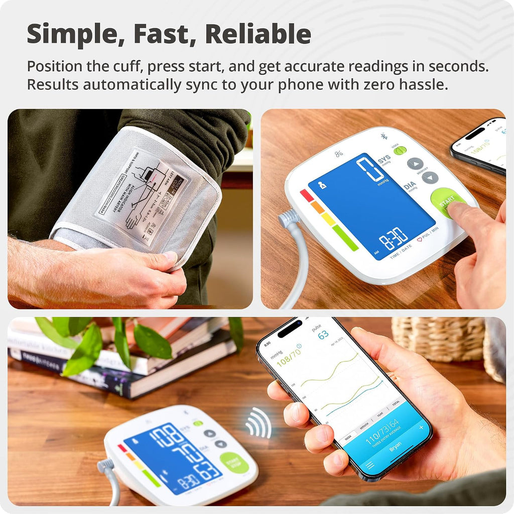 Bluetooth Smart Blood Pressure Monitor for Home Use – Automatic Digital Upper Arm BP Machine with 8.7”–16.5” Cuff