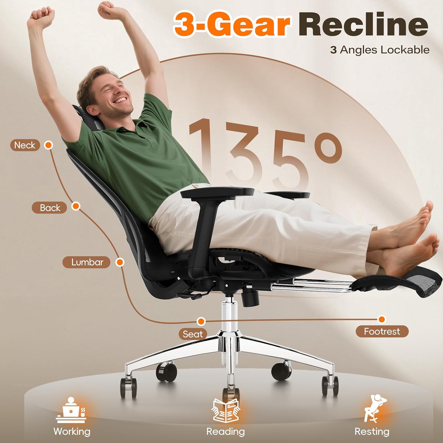 Ergonomic Office Chair with Footrest, 135° Reclining Desk Chair with Adjustable Lumbar Support,3D Armrest,Headrest &