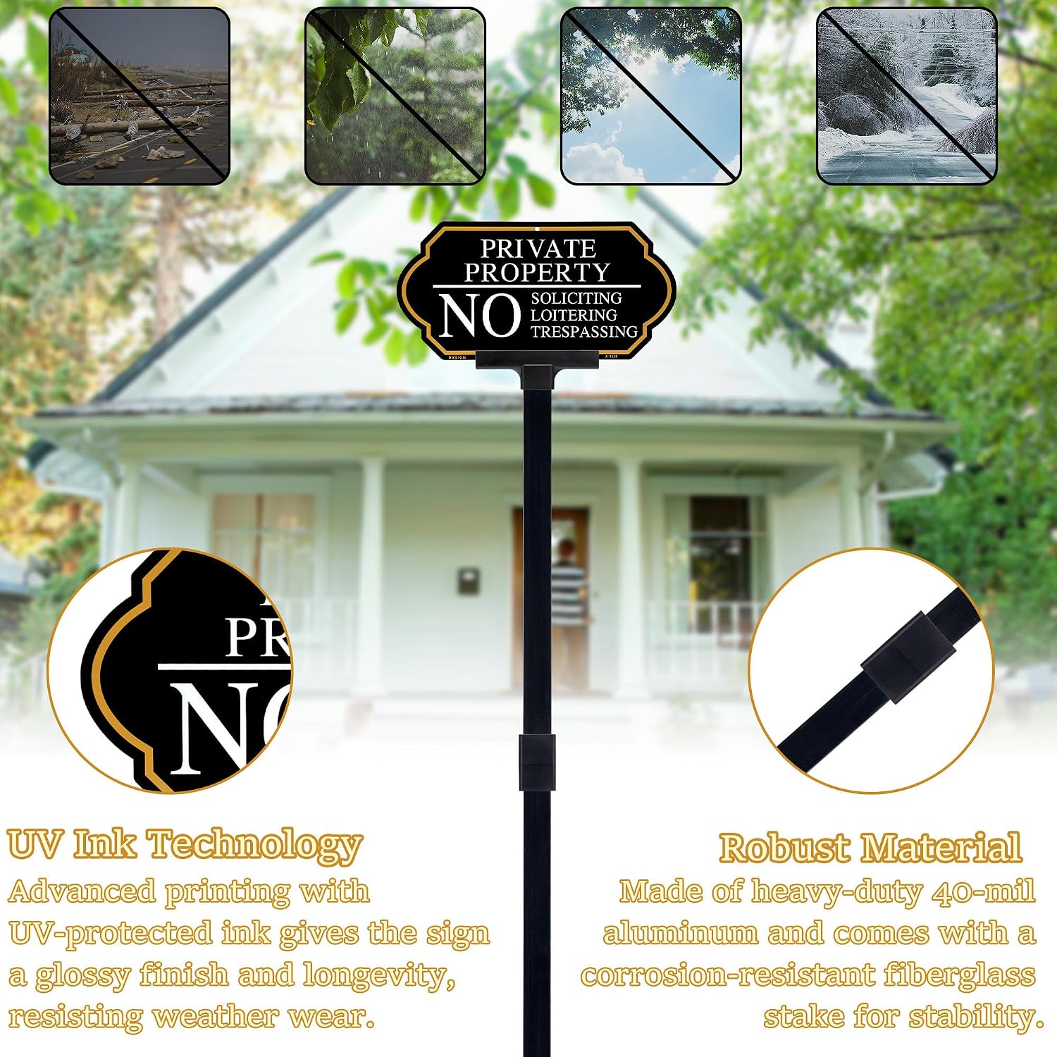 Large Private Property No Soliciting Yard Sign - Elegant Black with UV Protection, 14x7 Inch/35 inch Height, Durable