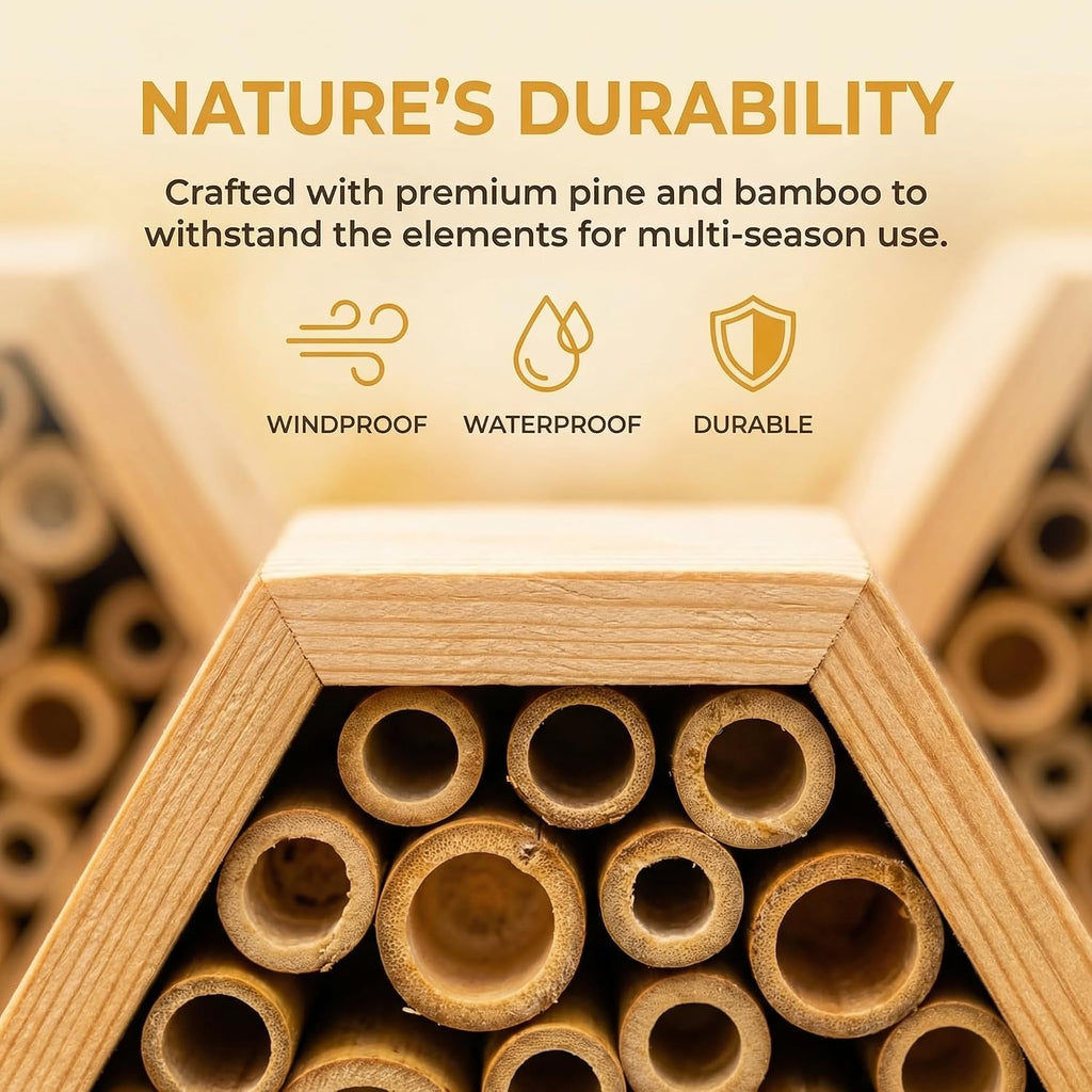 Mason Bee House - Handcrafted Natural Wooden Bee Hotel with Waterproof Wax Coating - Attracts Peaceful Pollinators