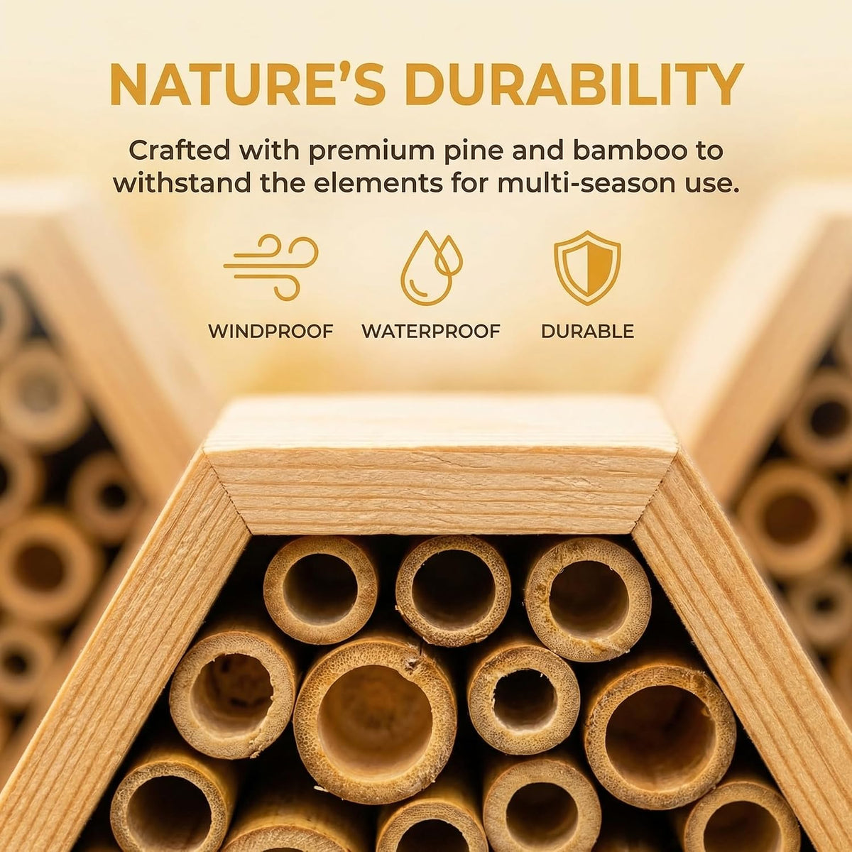 Mason Bee House - Handcrafted Natural Wooden Bee Hotel with Waterproof Wax Coating - Attracts Peaceful Pollinators