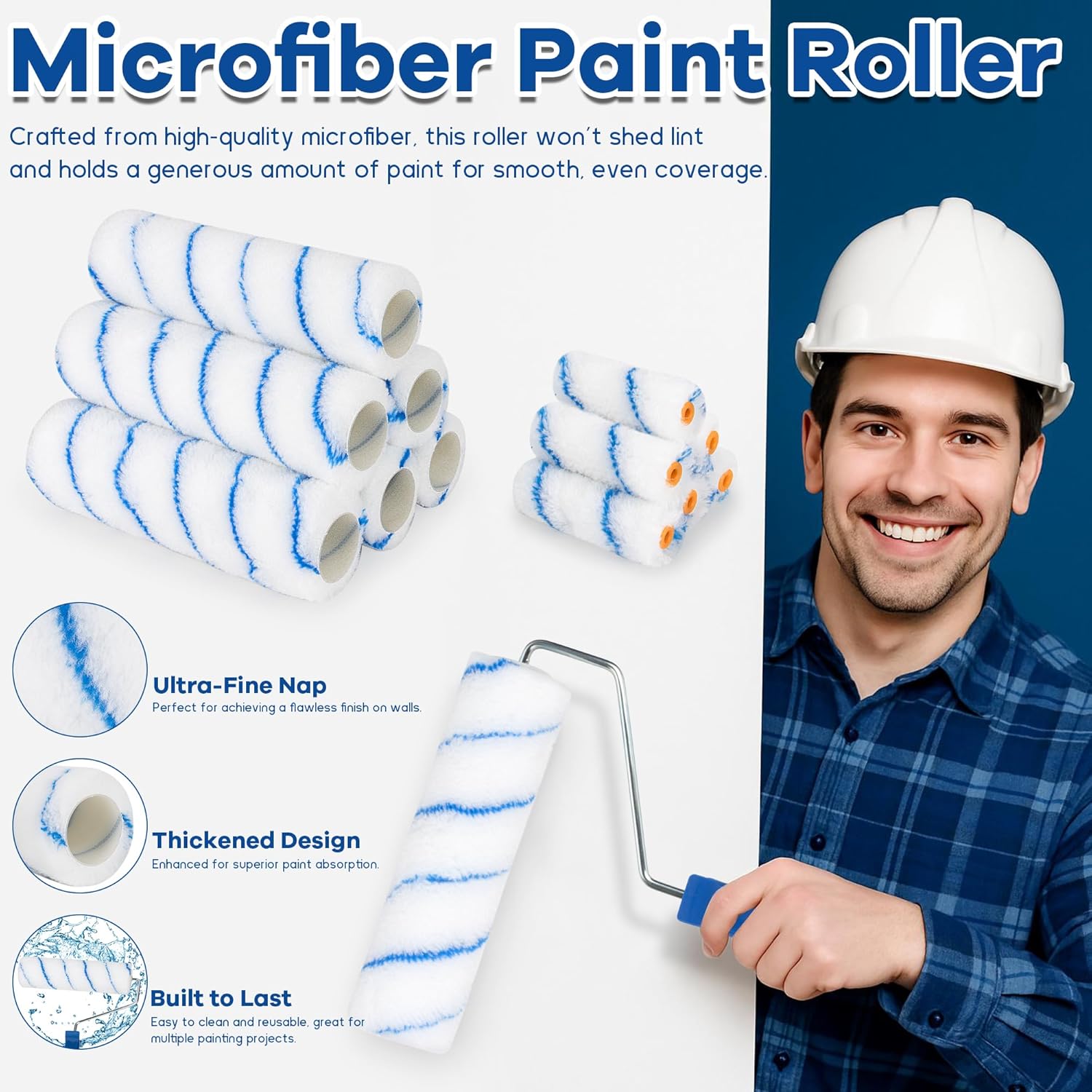 Paint Roller Kit with Extension Pole, 4" 9" Paint Roller with Tray, Paint Brushes Set for Professional Painting
