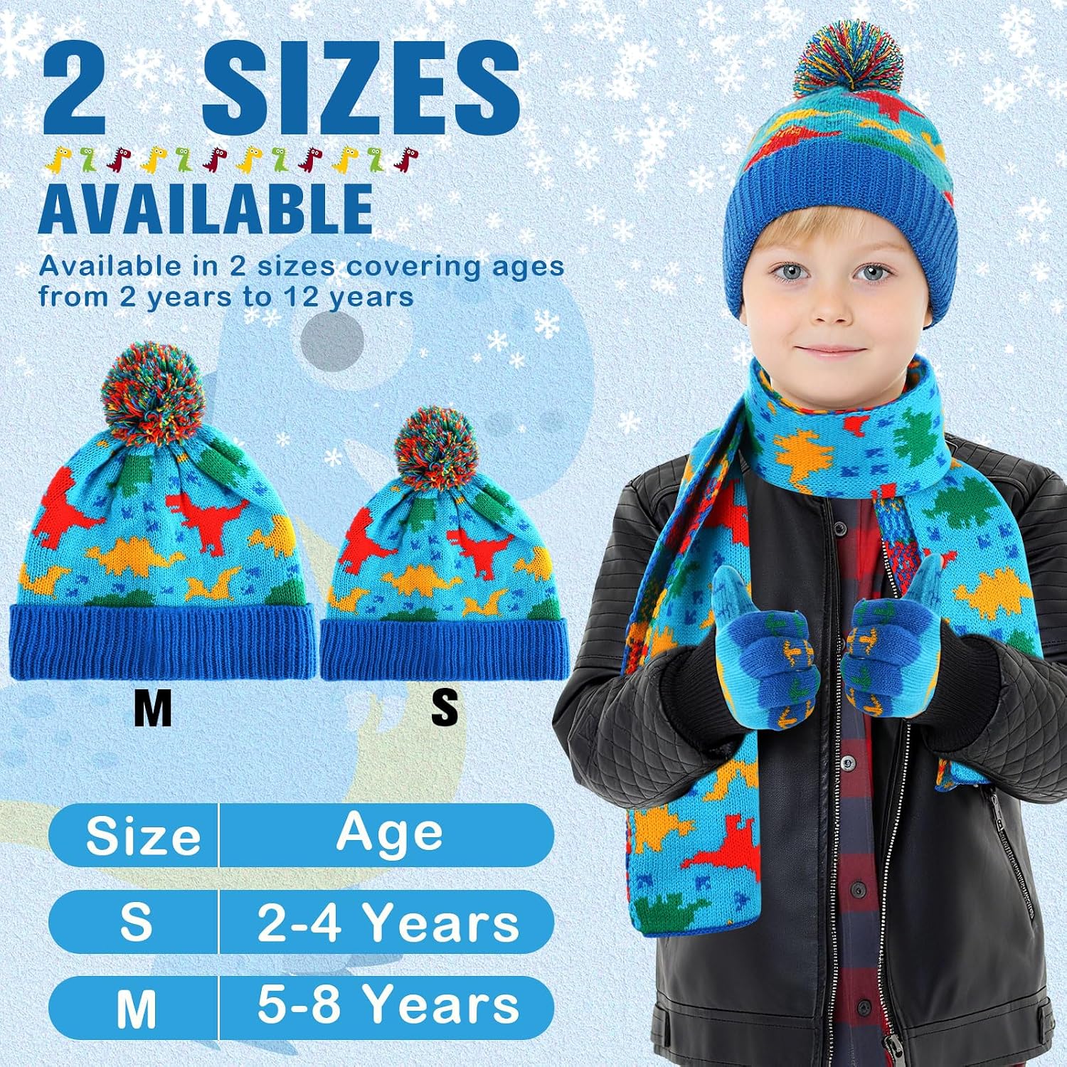 Kids Winter Hat Gloves Scarf Set Dinosaur Children Hat Beanie with Pom Winter Knit Neck Mittens for Boys Toddlers