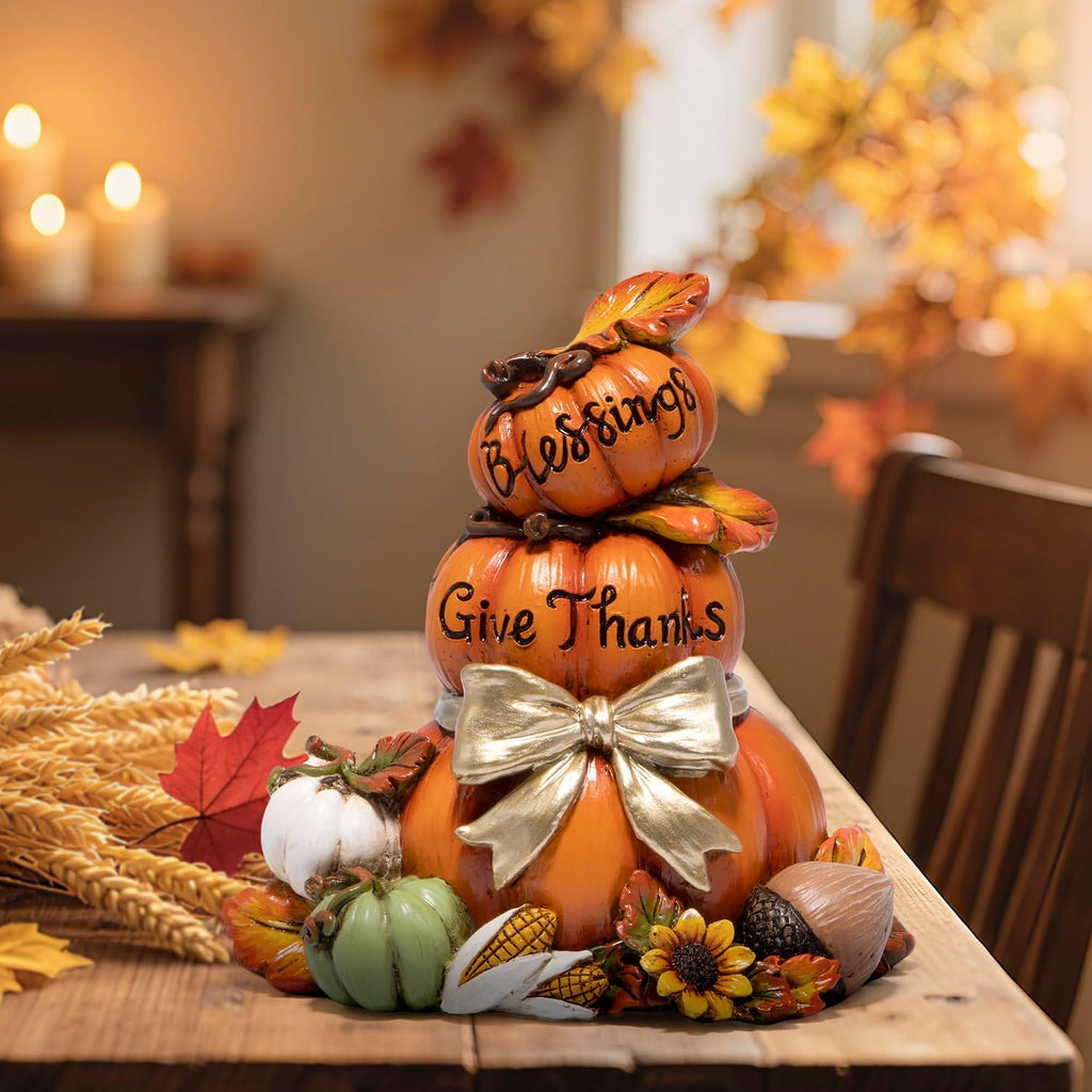 Thanksgiving Pumpkin Decor, Resin Stacked Pumpkin Figurine with Give Thanks Sign, Fall Autumn Harvest Decoration with