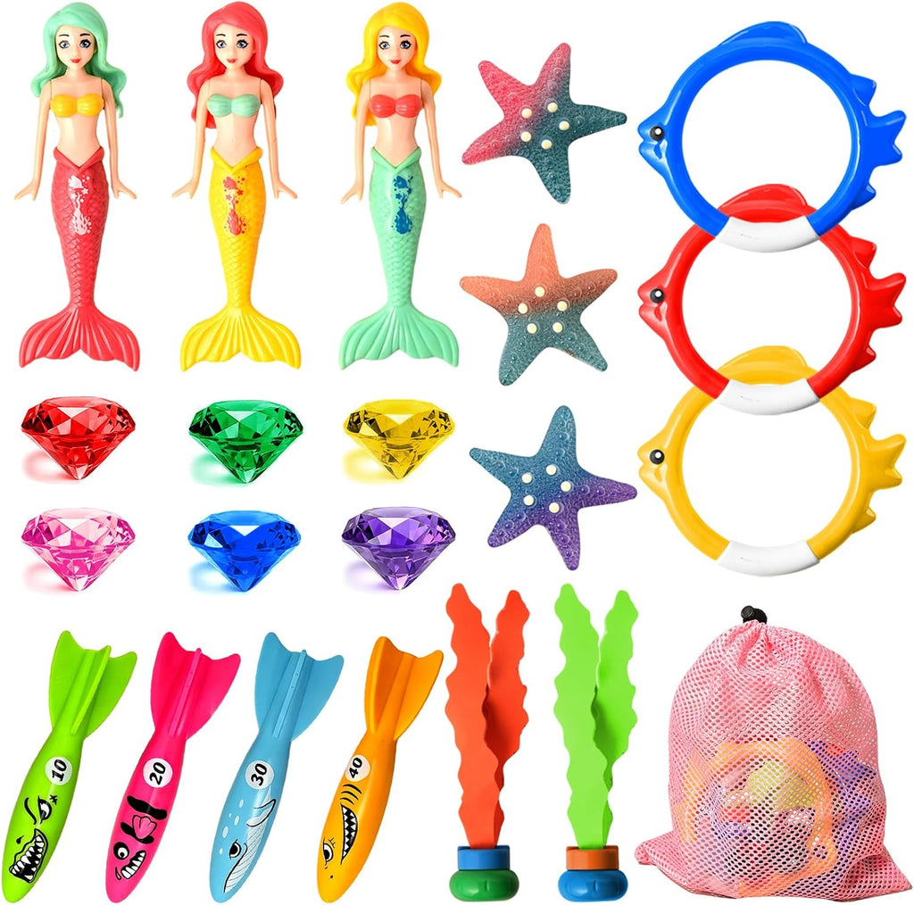 Pool Diving Toys for Kids, Summer Swim Water Toys for Boys Girls, Mermaid, Colourful Torpedos, Diving Rings, Starfish