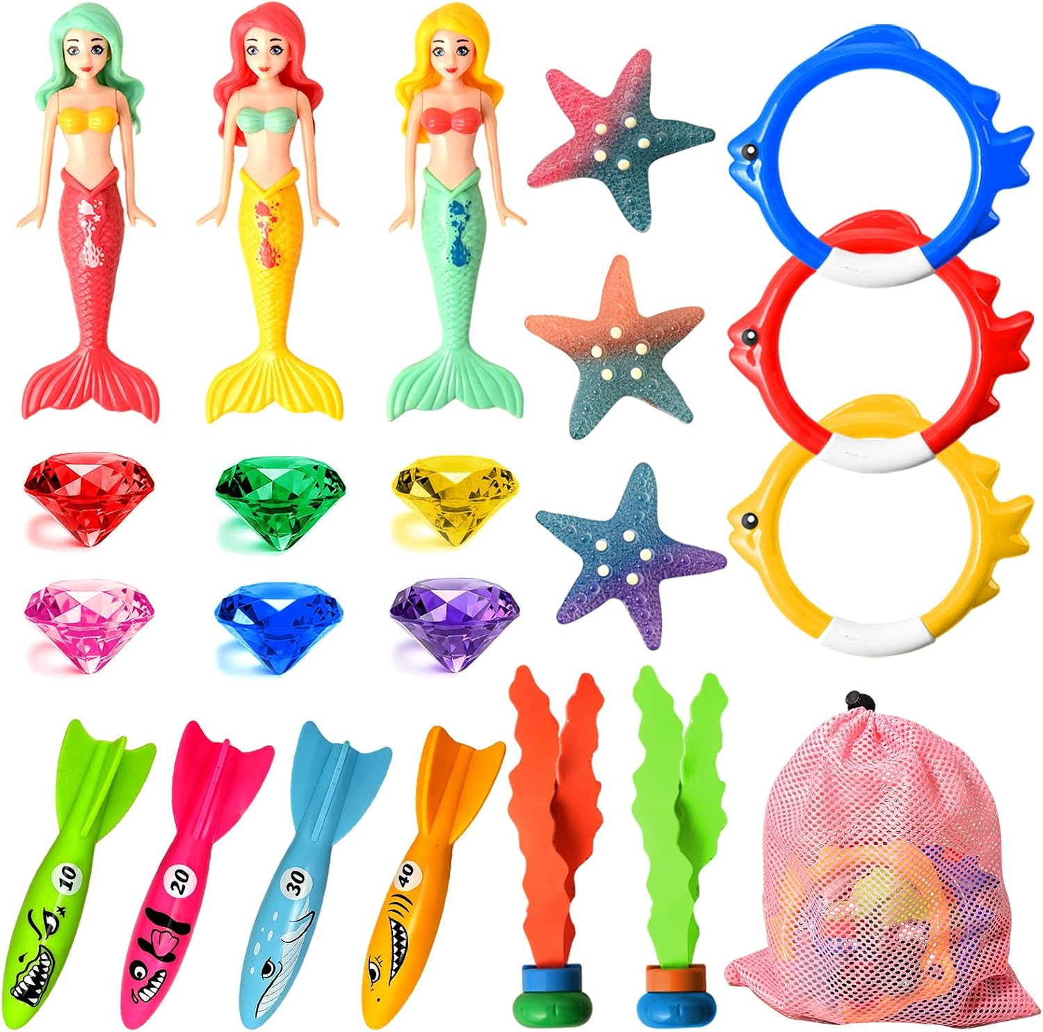 Pool Diving Toys for Kids, Summer Swim Water Toys for Boys Girls, Mermaid, Colourful Torpedos, Diving Rings, Starfish