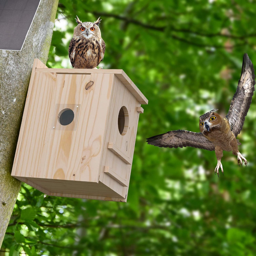 Solar-Powered Smart Owl House with Camera - Outdoor Hanging Wooden Nesting Box, Real-Time View & Motion Detection