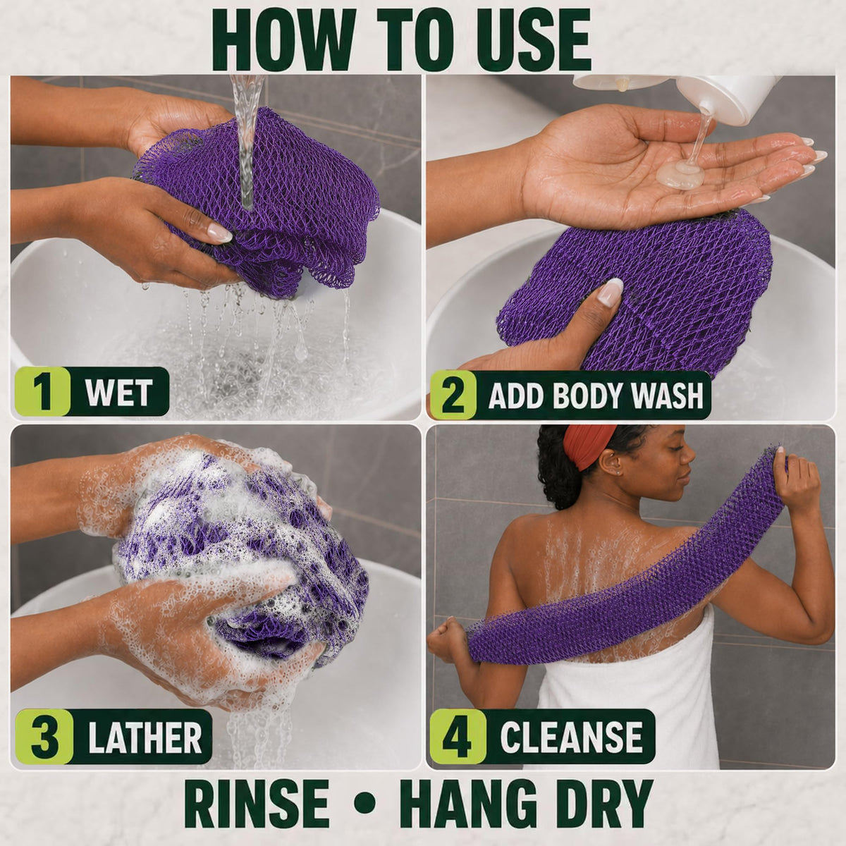 African Net Sponge, Exfoliating Body Scrubber for Back, 2 Pack