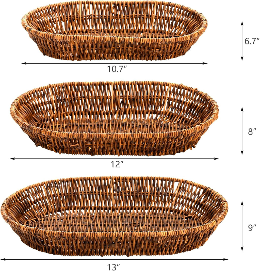 Set of 3 Wicker Baskets, Bread Baskets Sets, Tabletop Food Serving Baskets Trays, Handwoven Storage Basket Bin, Fruit