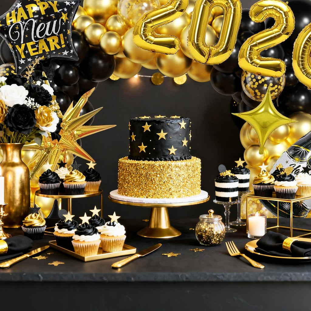 New Years Decorations 2026 Eve Party Supplies with Black Gold Confetti Balloons 2026 Number Balloons New Year Banner