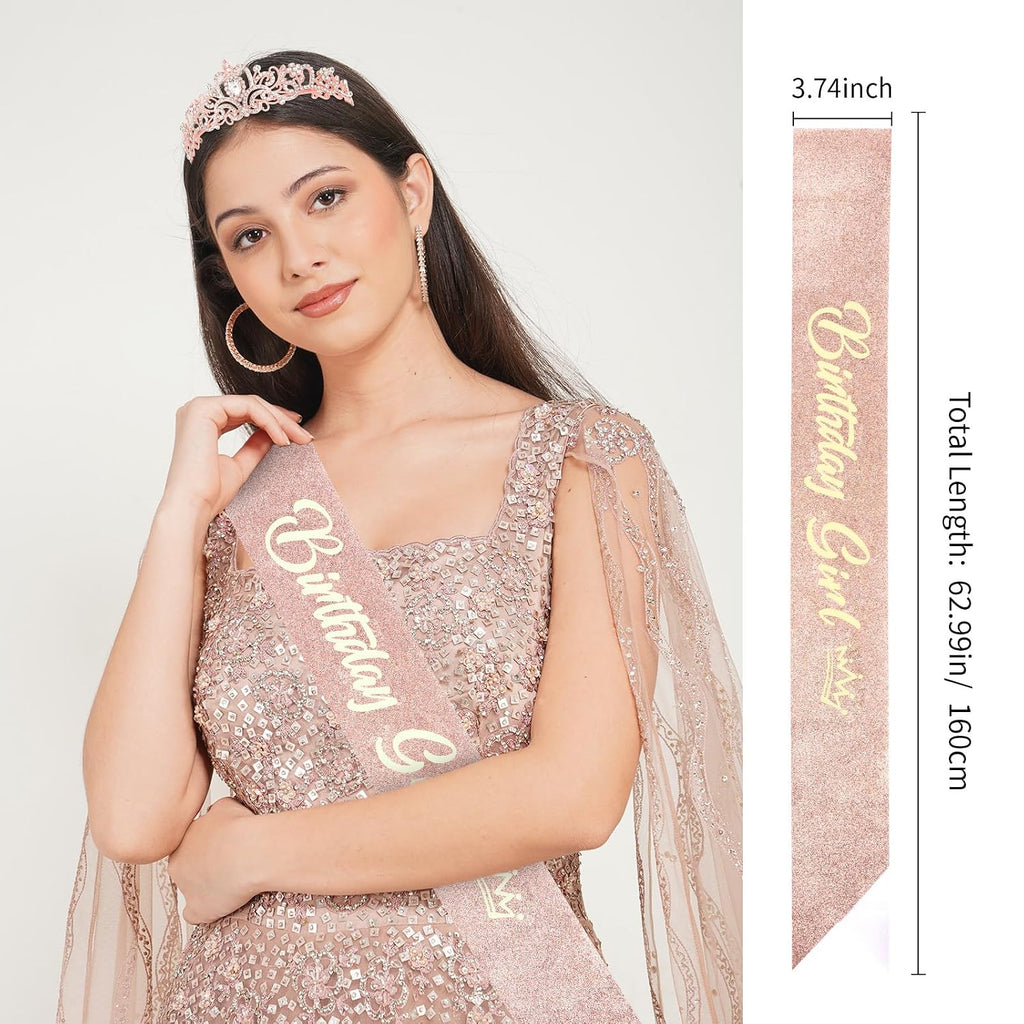 Birthday Girl Crown and Sash - Rose Gold Tiara Birthday Decorations for Women and Girls