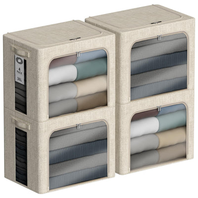 4 Pack Clothes Storage Bins with Metal Frame - 36L Stackable Storage Box with Lid，Foldable Storage Container