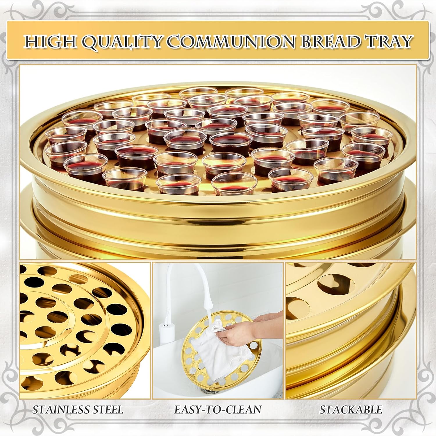2 Pcs Communion Trays with Disposable Chalices for Church Supplies, Each 40 Holes Communion Supplies Set Stackable