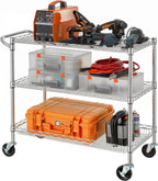 3 Tier Heavy Duty Commercial Grade Utility Cart, Wire Rolling Cart with Pushing Handle Bar, Steel Metal Kitchen