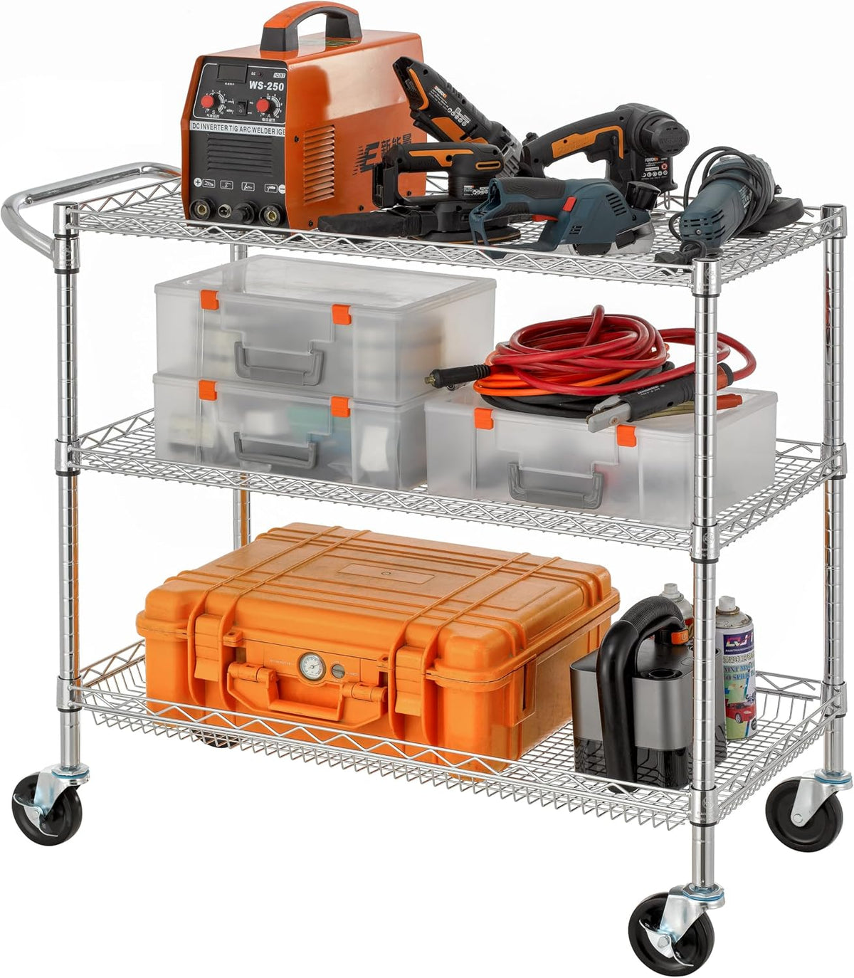 3 Tier Heavy Duty Commercial Grade Utility Cart, Wire Rolling Cart with Pushing Handle Bar, Steel Metal Kitchen