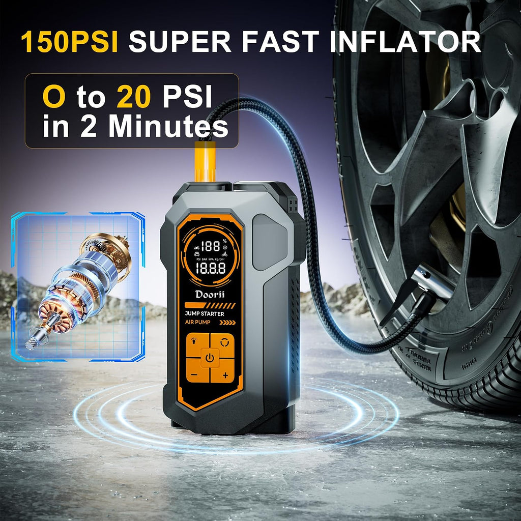 6000A Jump Starter with Air Compressor, 10-in-1 Car Jumper Starter Portable, 150PSI Tire Inflator/Air Pump, LED