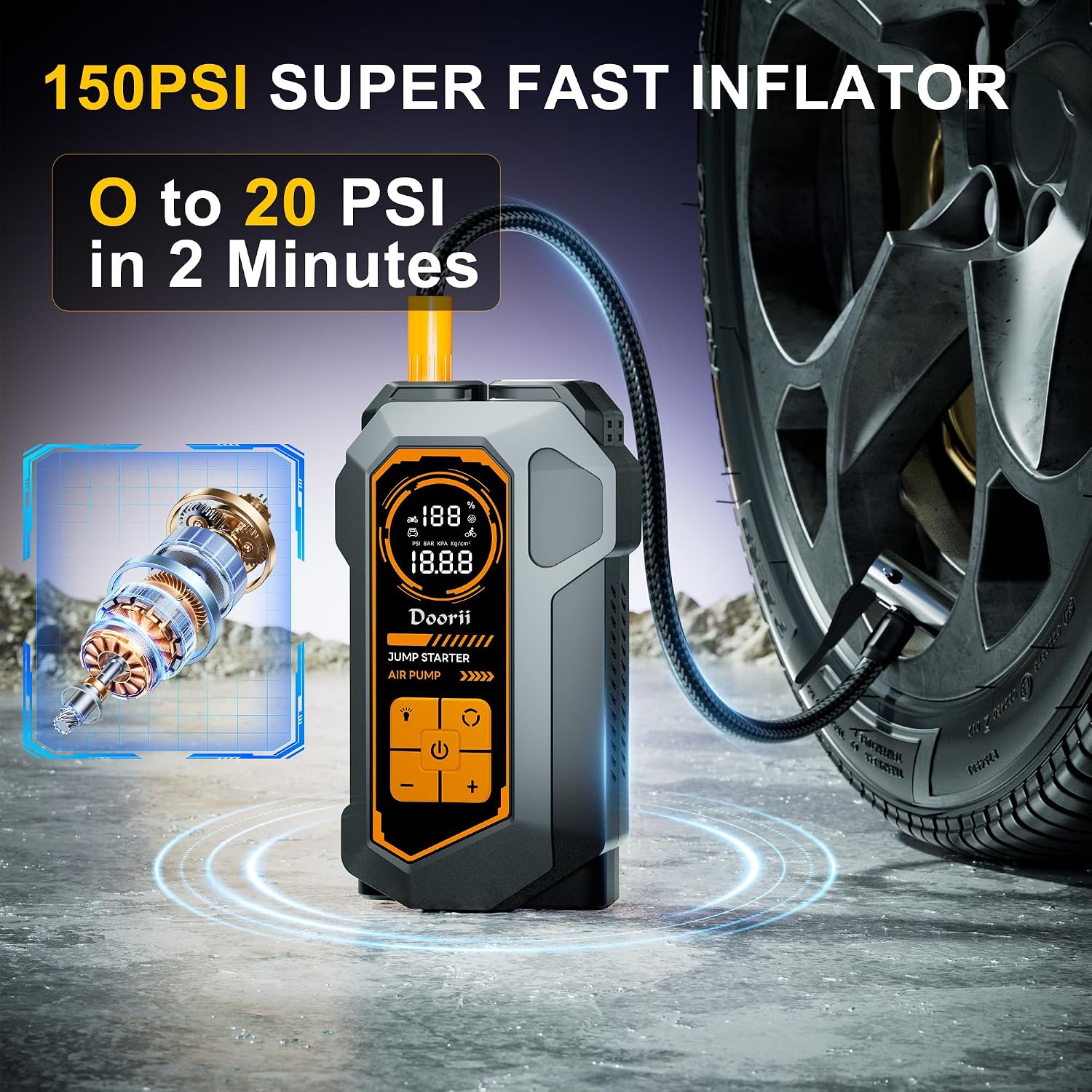 6000A Jump Starter with Air Compressor, 10-in-1 Car Jumper Starter Portable, 150PSI Tire Inflator/Air Pump, LED