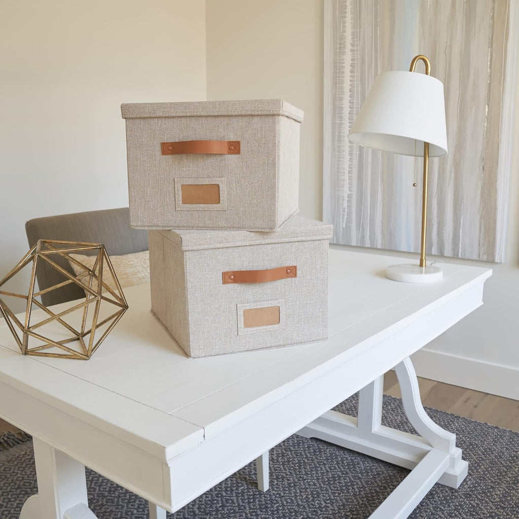 Decorative File Organizer Box Set of 2 - Collapsible Linen Filing Cabinets with Handles Are Perfect to Store All Your