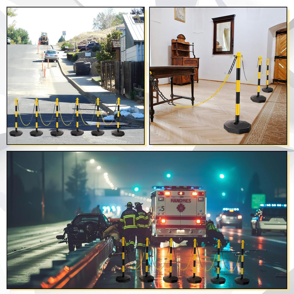 6 Sets 34 Inch Delineator Post Parking Cone Barrier,Yellow,Black | Plastic Stanchion Base 6.6 Ft Chain, Reflective