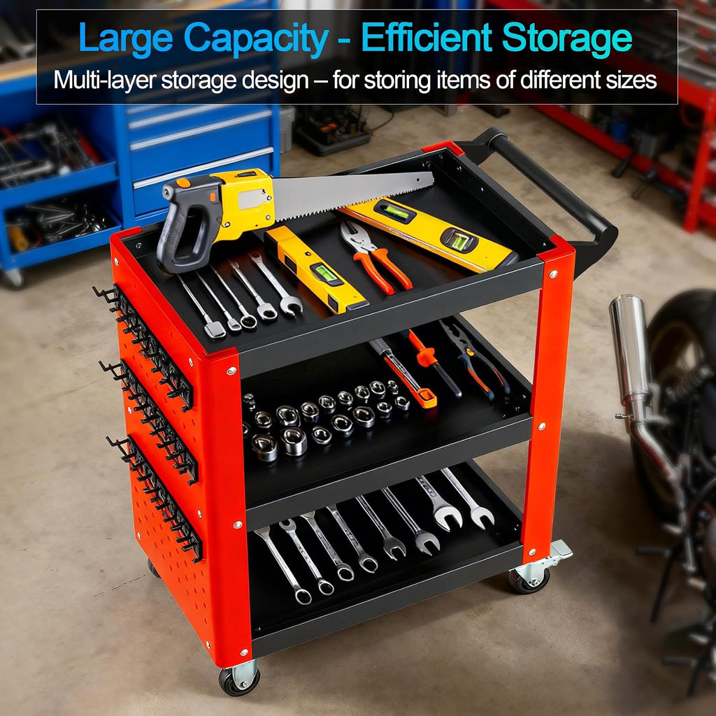 3-Tier Rolling Tool Cart with Pegboard, 1000LBS Load 2 Lockable Casters | Heavy Duty, Metal Mechanic Tool Storage