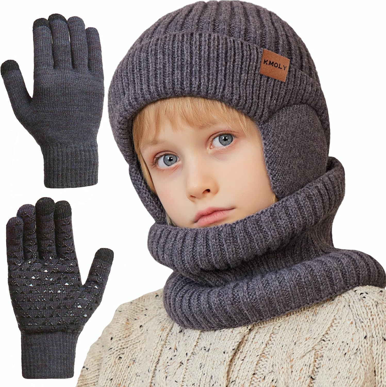Kids Winter Beanie Hat Scarf Gloves Set 4-10Y, Knit Hat With Earmuffs Neck Gaiter Fleece Lined Touchscreen Gloves