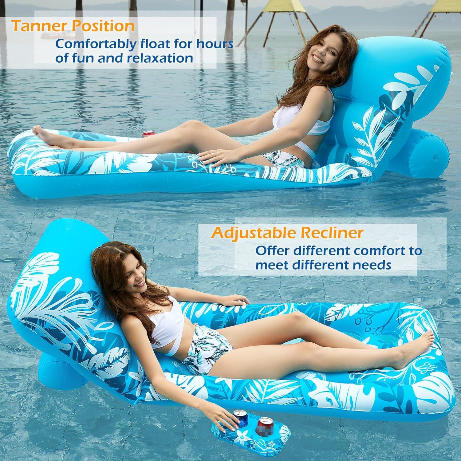 Inflatable Pool Float Adult - Pool Floaties Lounger Floats Floating Chair Raft with Adjustable Backrest Cup Holders