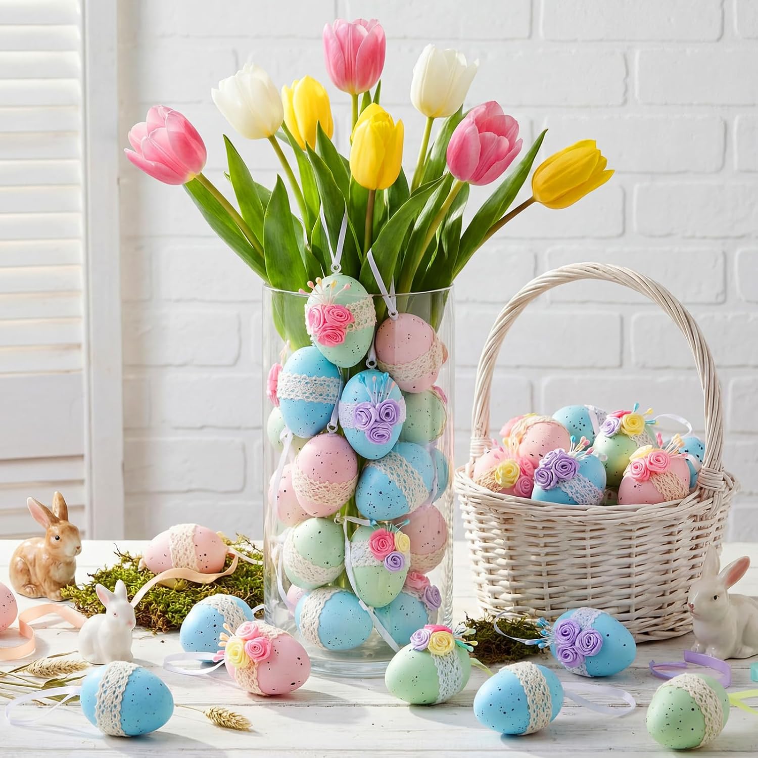 16 Pcs Easter Tree Ornaments Pastel Easter Egg Hanging Ornaments Plastic Floral Speckled Eggs Bowl Vase Fillers