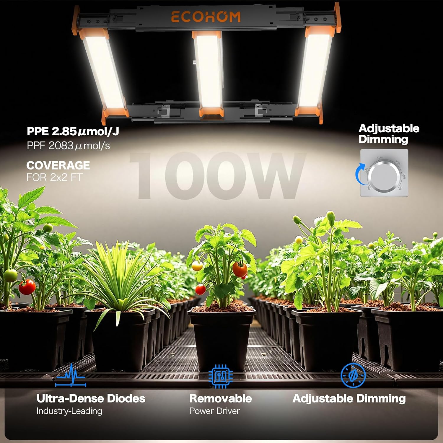 Bar 100W LED Grow Light, Full Spectrum, Dimmable, Daisy Chain, High PPFD, 2x2ft Coverage