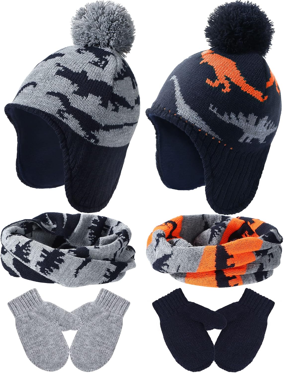 Winter Toddler Boys Hat Dinosaur Warm Mittens Scarf Set Pompom Baby Beanie Knitted Baby Hat Scarf Gloves Earflaps