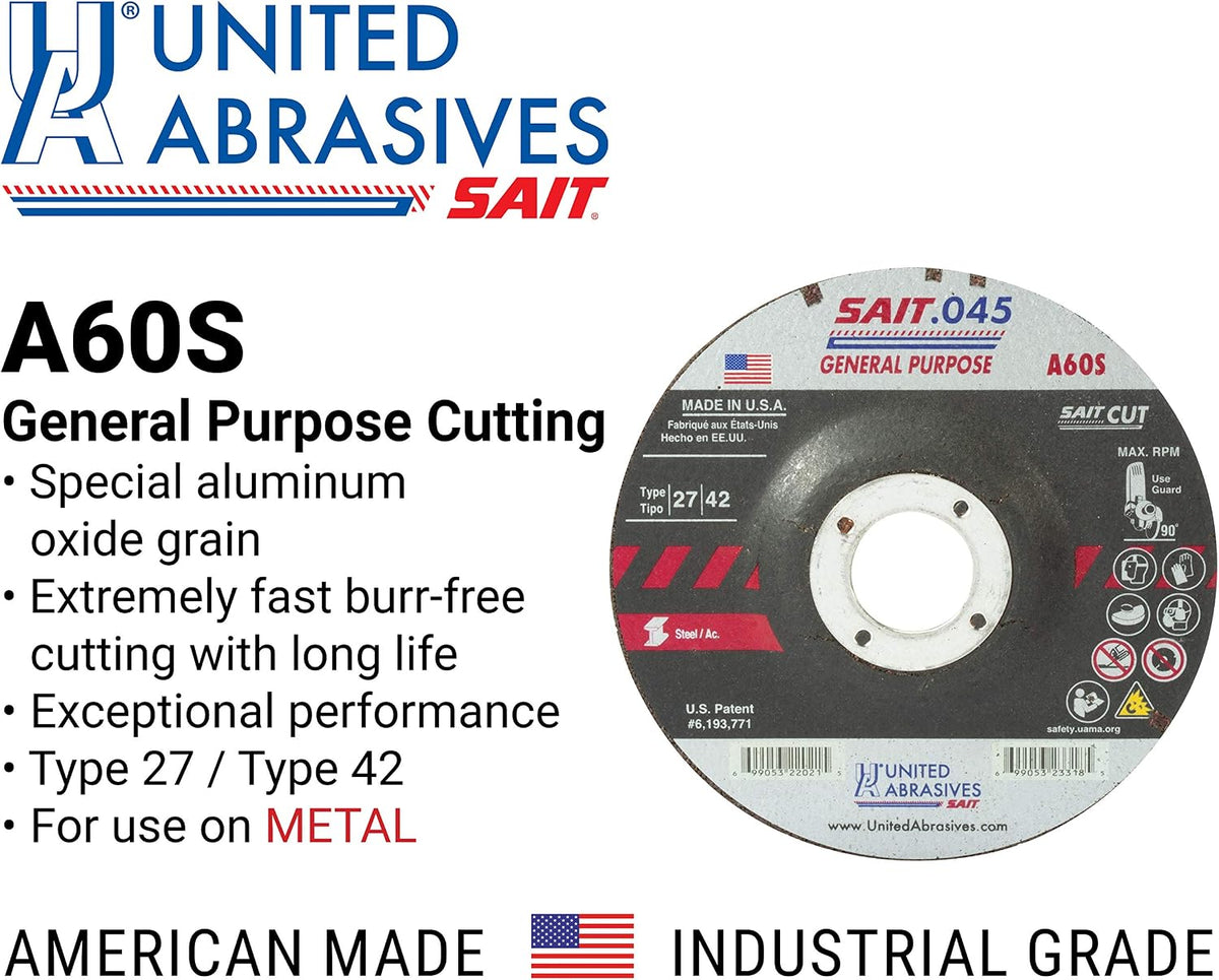 United Abrasives-SAIT 22053 A60S General Purpose Cut-Off Wheels (Type 27/Type 42 Depressed Center) 7" x .045" x 7/8", 50-Pack