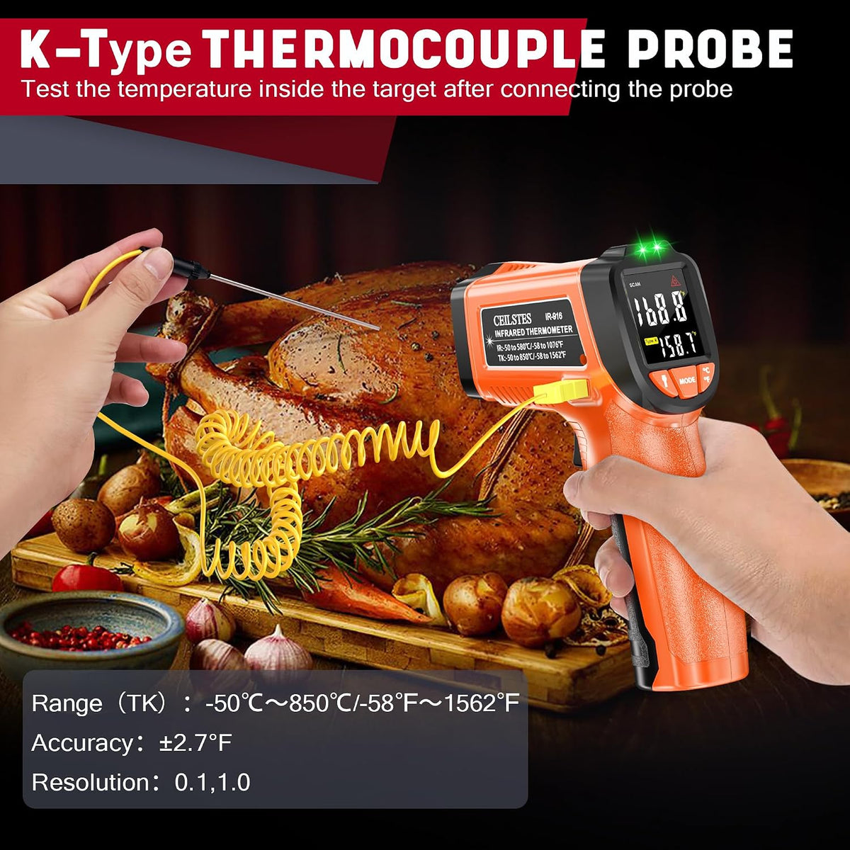 Infrared Thermometer Gun, Non-Contact Digital Laser Temperature Gun, -58°F to 1076°F, Adjustable Emissivity and