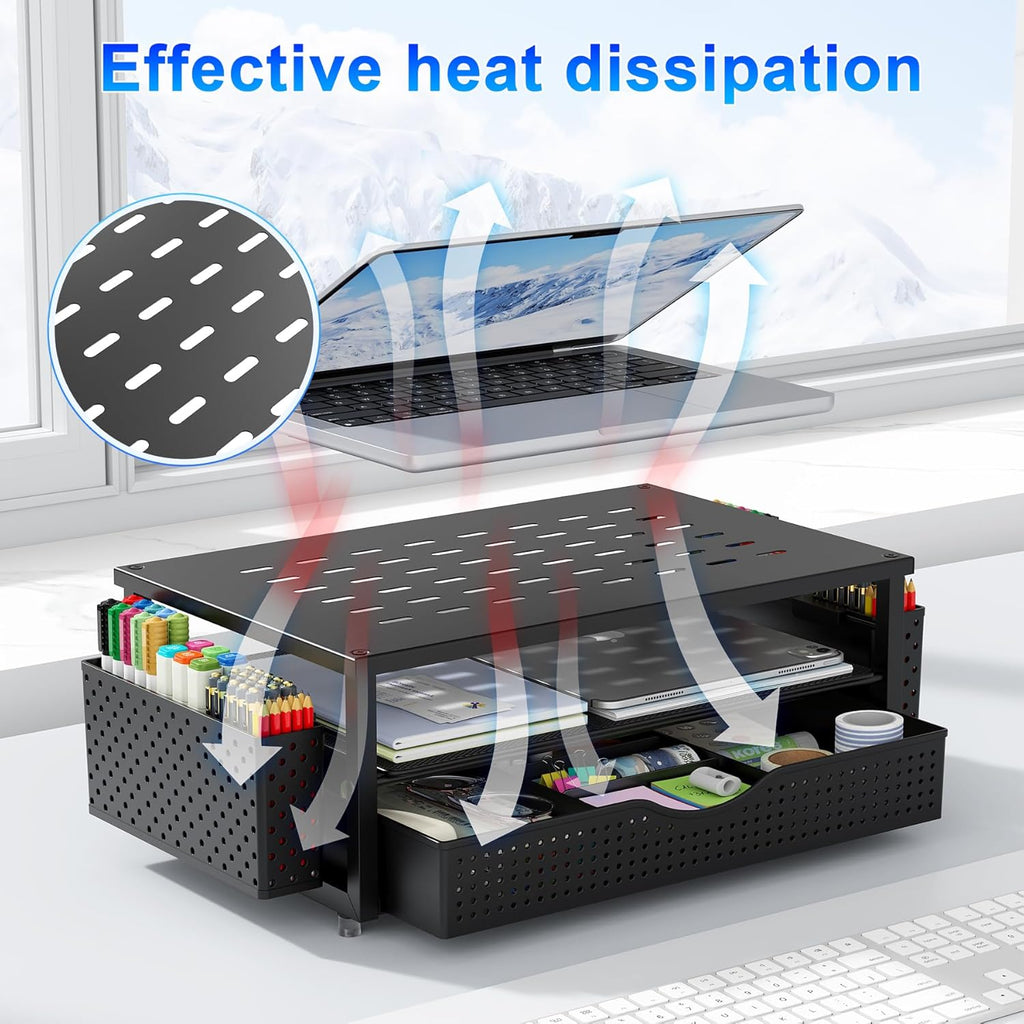 Desk Organizers and Accessories, Monitor Stand with Drawer and 2 Pen Holder, Desktop Organizer Suitable for Offices