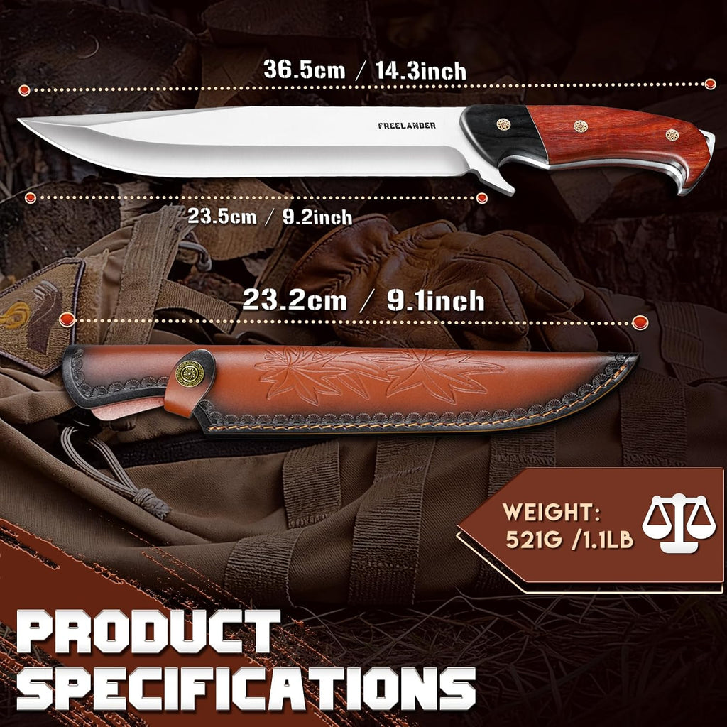 Hunting Knife with Leather Sheath, Full Tang Fixed Blade Knife | Survival Knife with Wood Handle for Outdoor