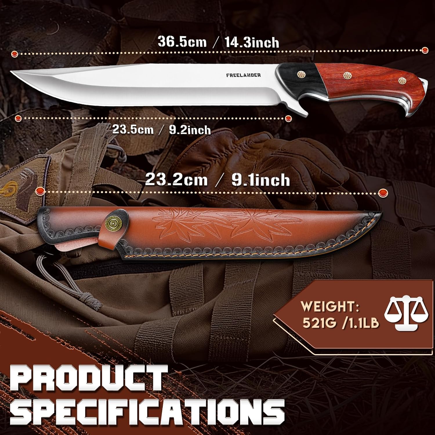 Hunting Knife with Leather Sheath, Full Tang Fixed Blade Knife | Survival Knife with Wood Handle for Outdoor
