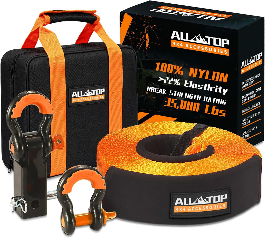 Nylon Recovery Kit with Hitch Receiver: 3" x 30' (35,000lbs) 100% Nylon Snatch Strap + 2" Shackle Hitch Receiver +
