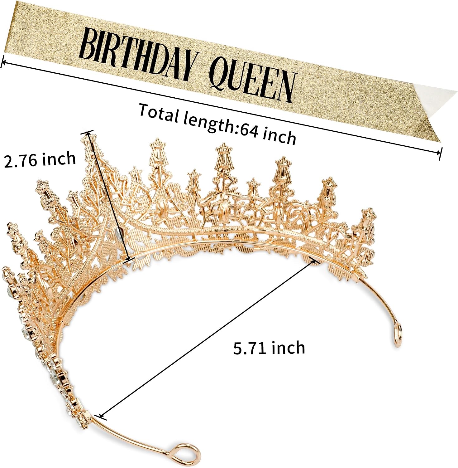 Birthday Crown for Women, Gold Plated Crystal Tiara with Sash | Sparkling Princess Queen Tiara, Adult Fit, Birthday