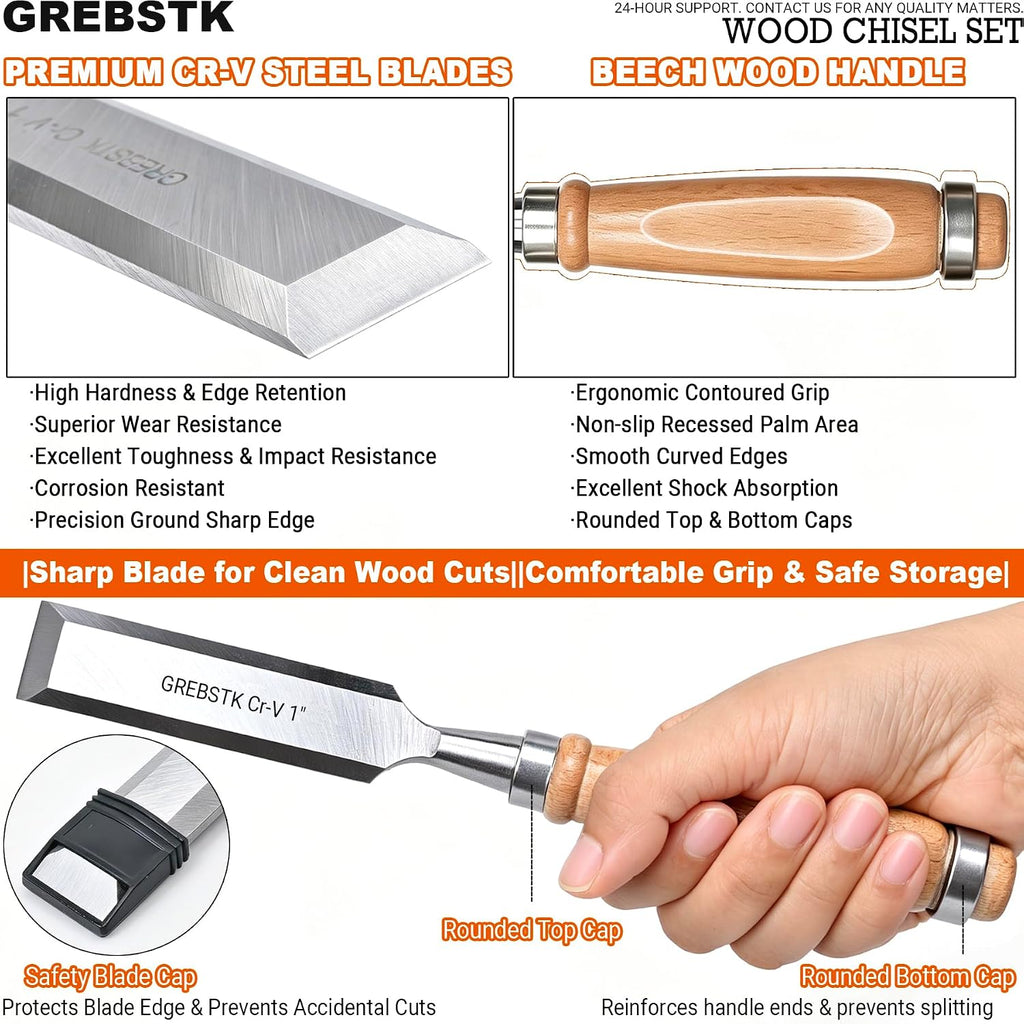 4 Piece Wood Chisel Set CR-V Steel Sharp Bevel Edge for Woodworking | Chromium Vanadium, High Hardness & Durability.