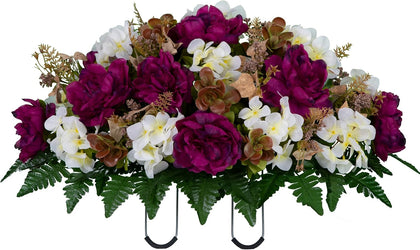 Artificial Cemetery Flowers - Grave Decoration - Fall Arrangement - 30" Long Plum Peony and White Hydrangea Saddle