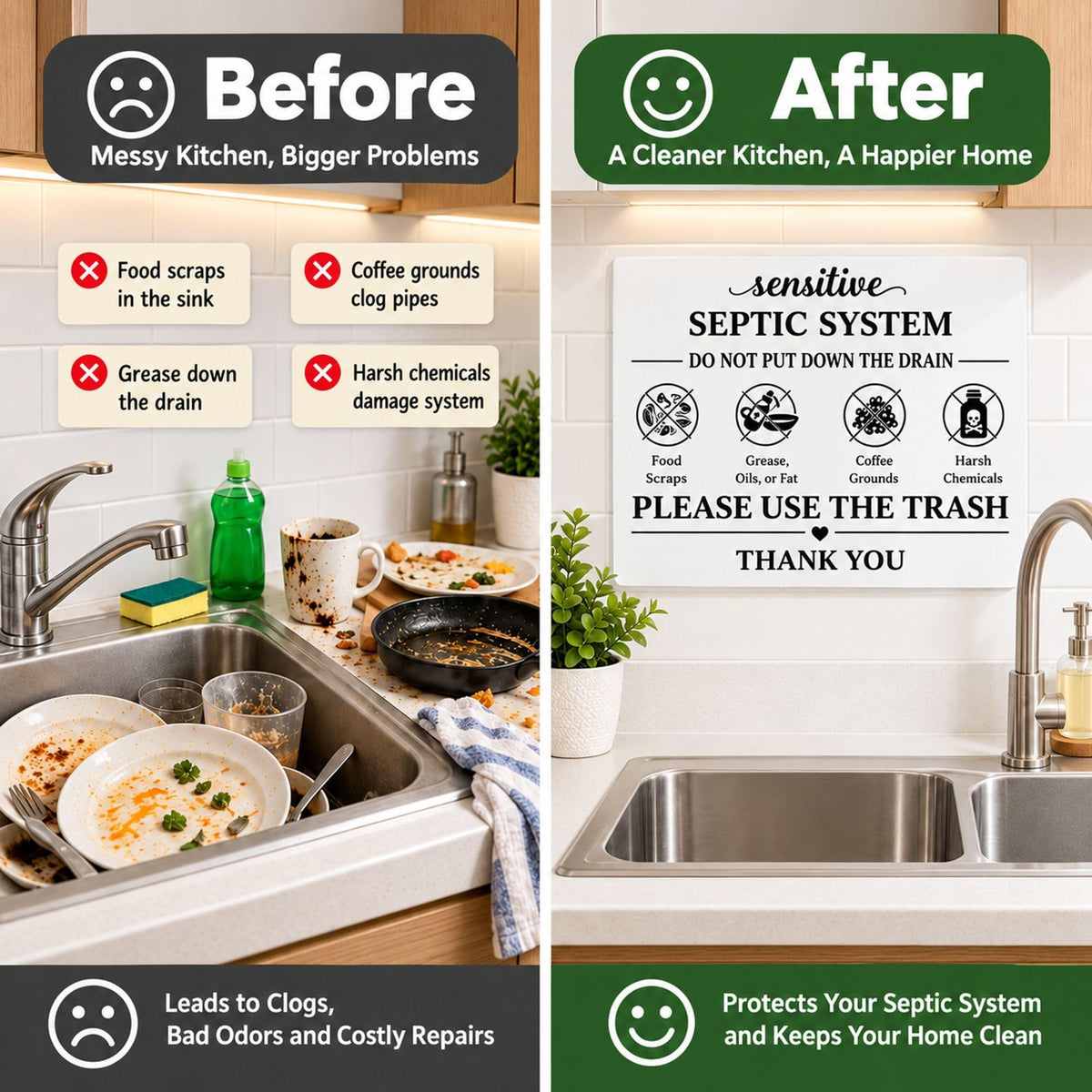 Septic System Drain Reminder Sign: 7 x 5 Inch Adhesive Acrylic