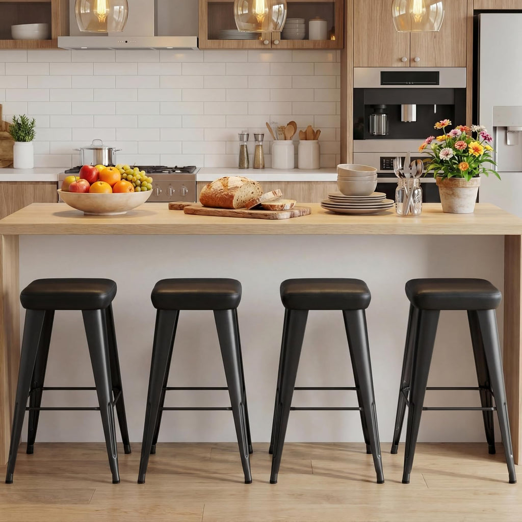 Backless Bar Stools Set of 4, 30" Black PU Leather Barstools