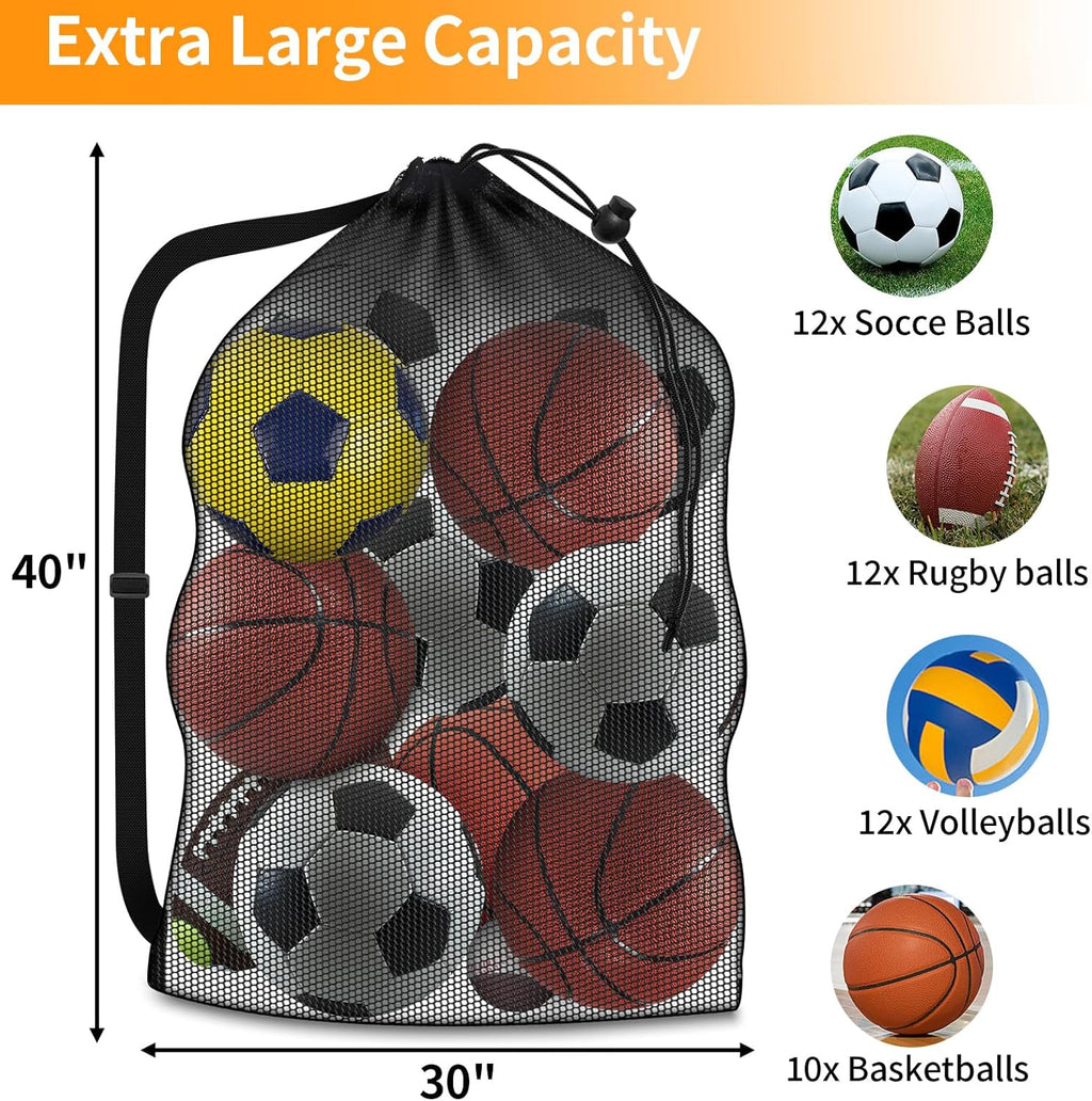 Extra Large Mesh Ball Bag, Heavy Duty 40"x30" Hold 10-12 Soccer Basketball | Drawstring & Adjustable Shoulder Strap