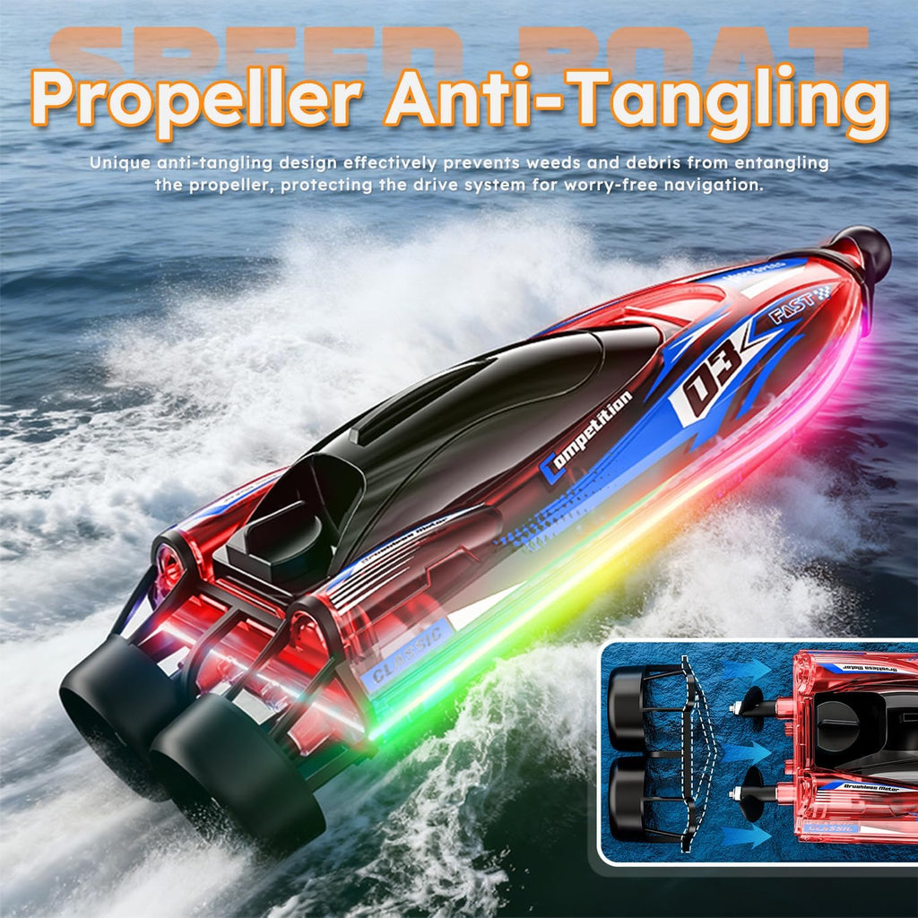 RC Boat for Kids, Brushless Remote Control Boat with LED Light,25KM/H 2.4GHz Racing Speed Boats with 2 Batteries