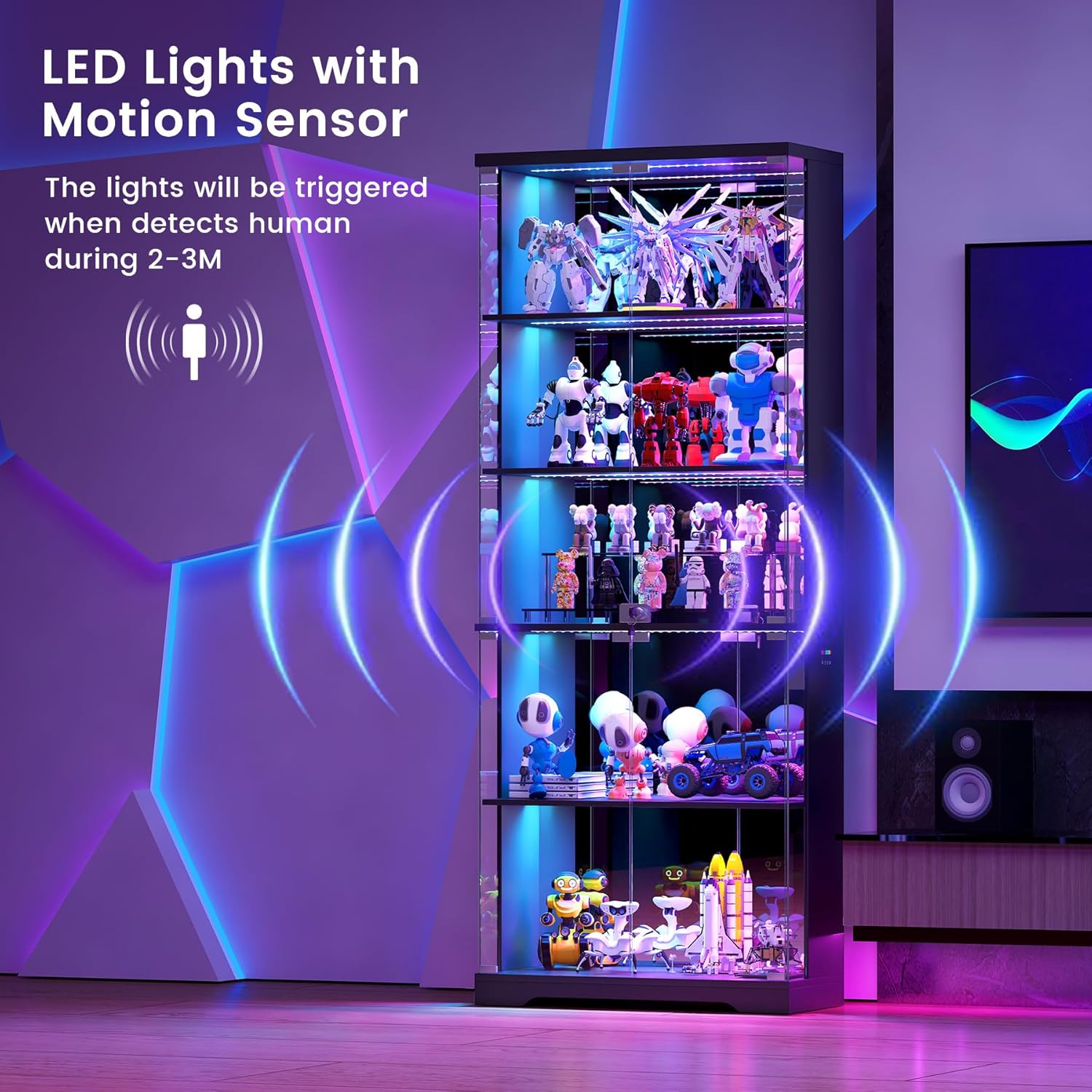 Glass Display Cabinet with Doors and RGB LED Lights | 69" Tall Curio Cabinet, 5-Tier Wooden Shelves, Lockable Display