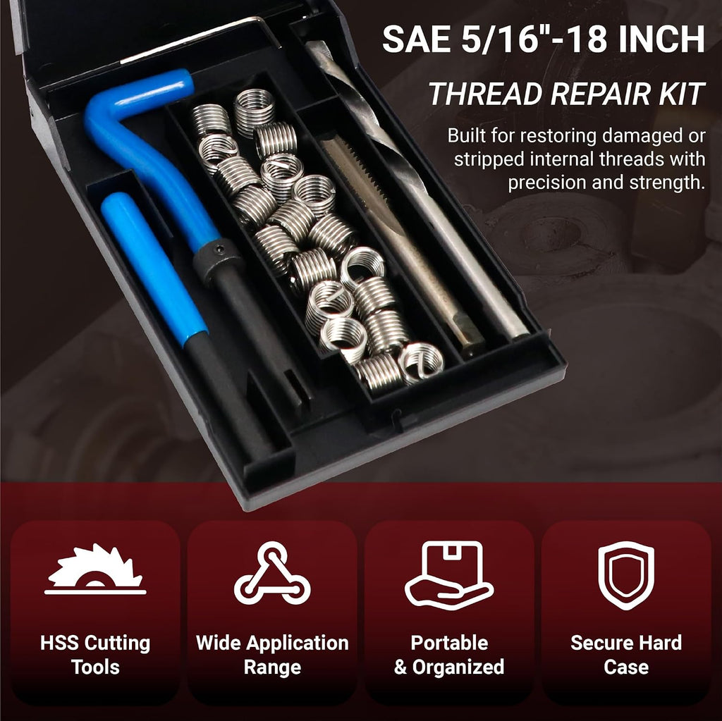 5/16-18 Helicoil Thread Repair Kit, Thread Repair Tool with HSS Drill Bit & Thread Inserts, SAE Thread Repair Installation Kit for Rethreading Internal Threads with Carry Case