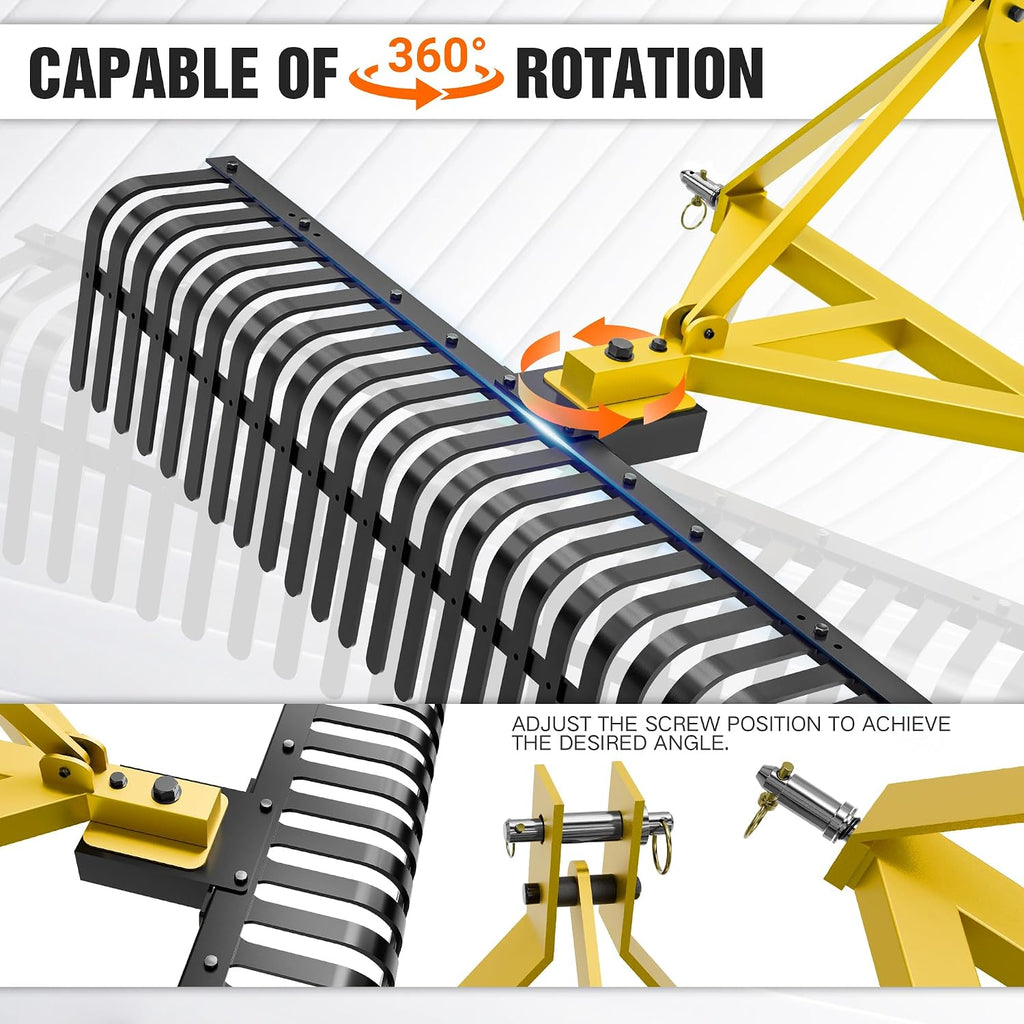 60" 3 Point Rock Rake for Tractors, Heavy-Duty Landscape Rake with 360° Rotation, Category 1 Hitch Attachment