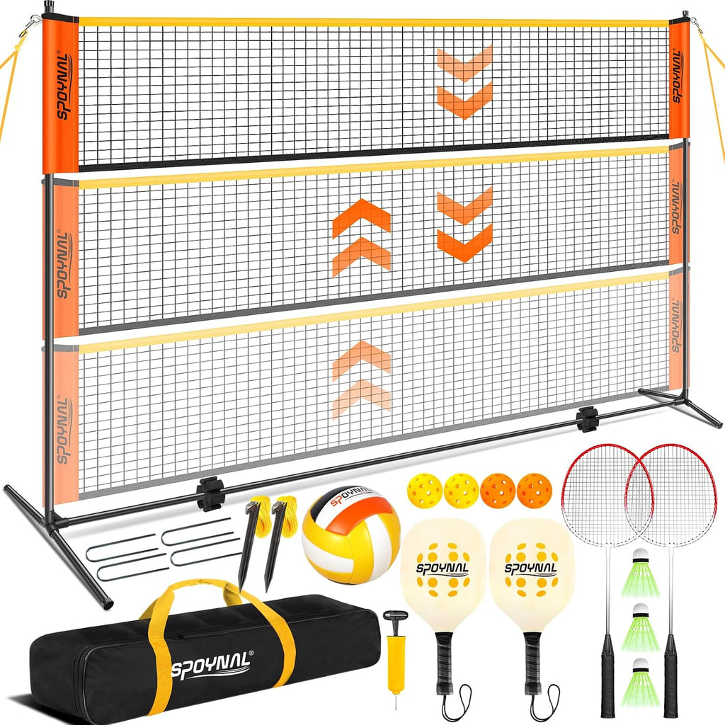 3-in-1 Volleyball Badminton Pickleball Net Set, Adjustable Height | Portable backyard net set with badminton rackets