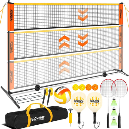 3-in-1 Volleyball Badminton Pickleball Net Set, Adjustable Height | Portable backyard net set with badminton rackets