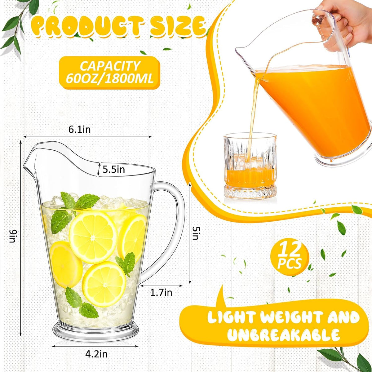 Tessco 12 Pcs Plastic Pitchers 60 Oz Clear Water Beer Jug Large,Stylish