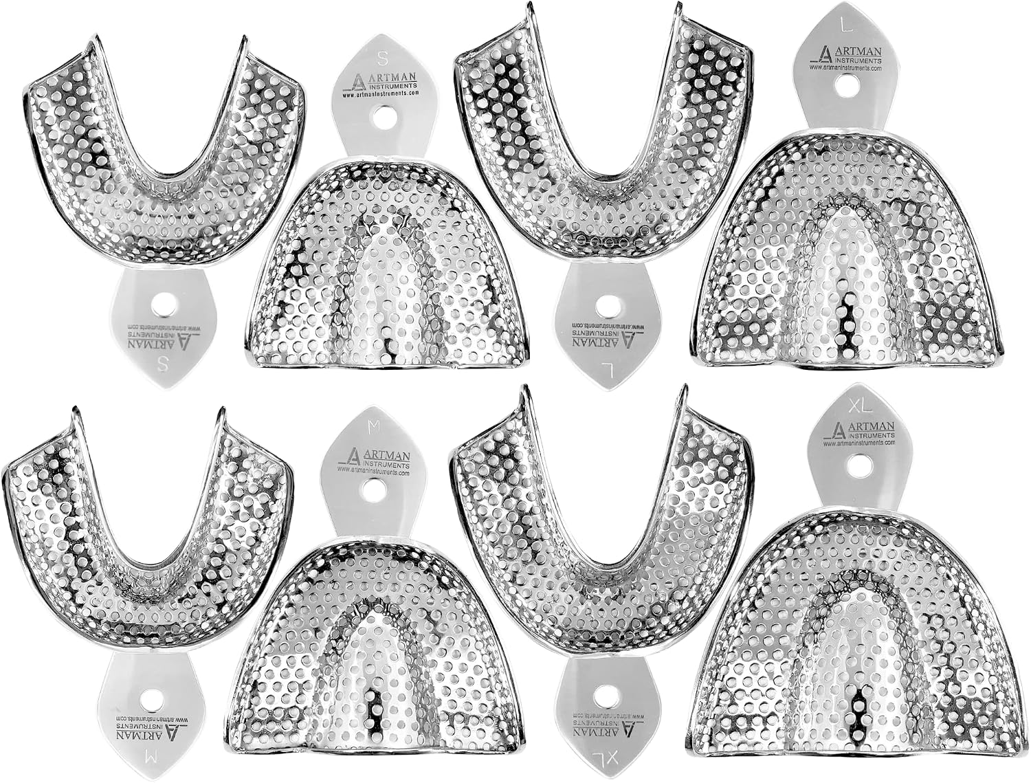 Dental Impression Trays – Set of 8 (Small, Medium, Large, Extra Large) – Stainless Steel, Perforated, Autoclavable